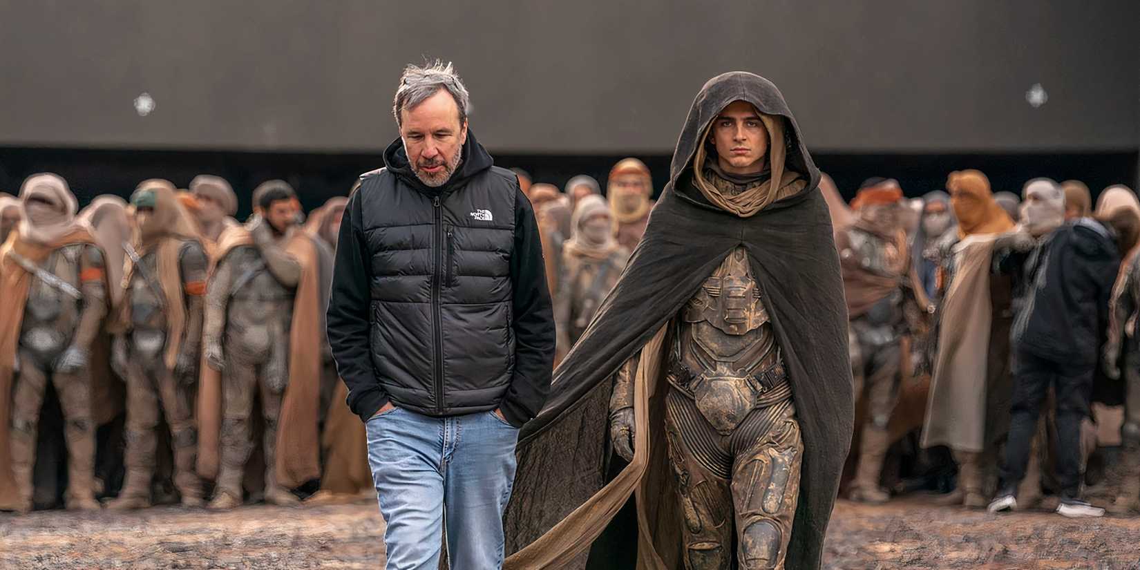 Denis Villeneuve and Timothee Chalamet on Dune 2 set