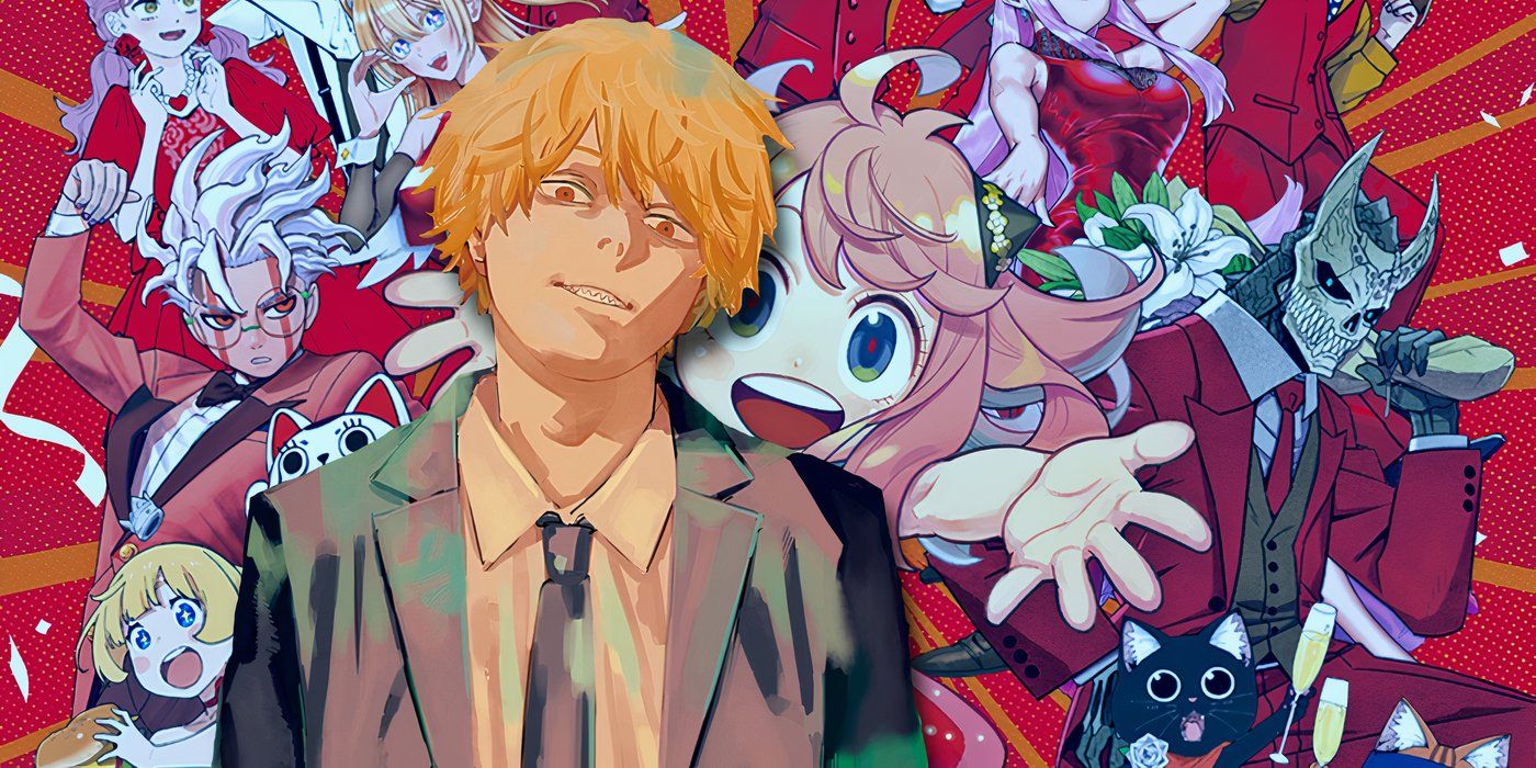 Denji in front of the key visual from the Jump+ 2025 exhibition.