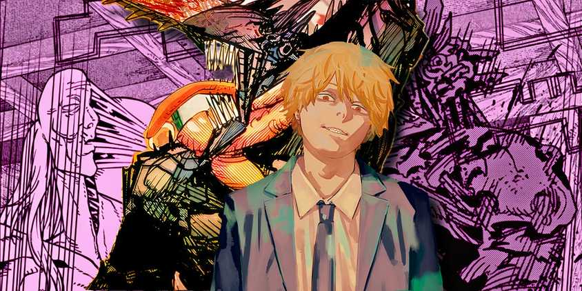 Denji and Pochita in front of a panel featuring Aging Devil from Chainsaw Man Chapter #187.