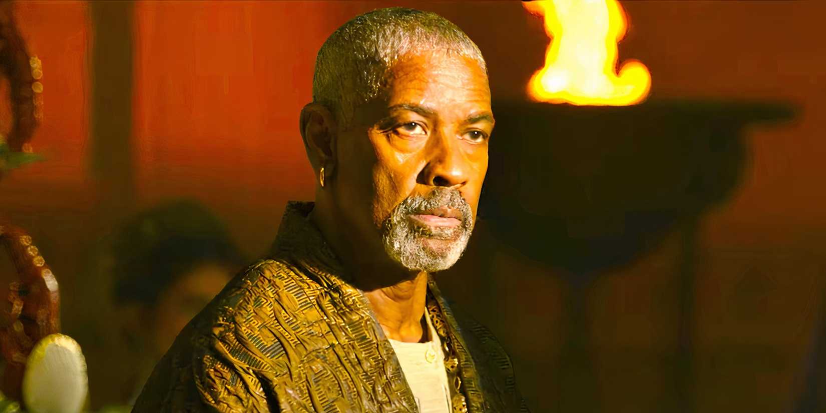 Denzel Washington as Macrinus looking serious in Gladiator 2
