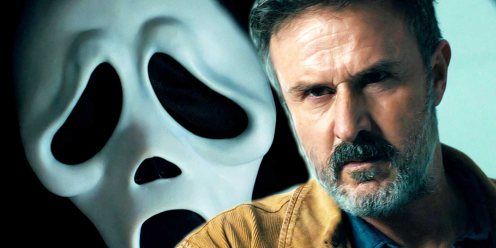 Dewey looking angry with the Ghostface on the side in Scream 2022