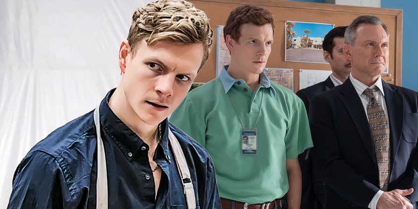 A composite image of Dexter looking on in front of Dexter standing with this father in Dexter: Original Sin