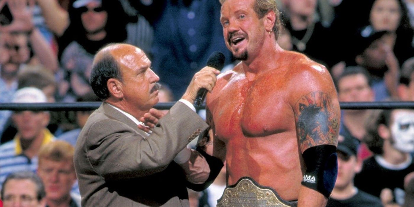 Diamond Dallas Page DDP is interviewed with the WCW World Heavyweight Championship around his waist
