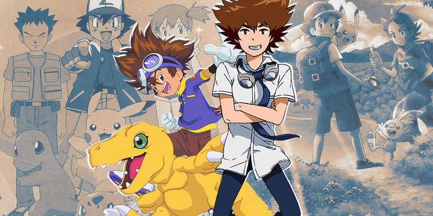 Digimon's Tai and Acumen centered with Pokemon and Ash surrounding them