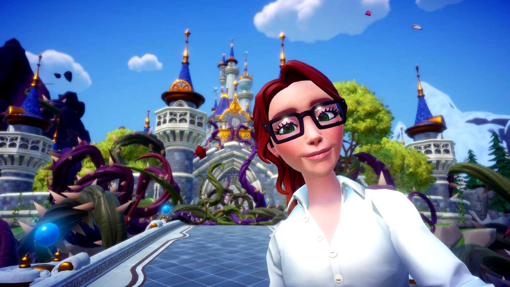 Disney Dreamlight Valley character standing with the closed castle covered in night thorns