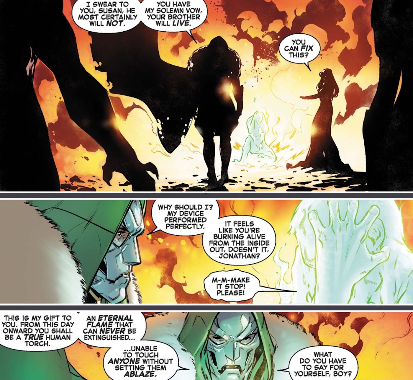 Comic book panels: Doctor Doom punishes Johnny Storm by turning him into a literal Human Torch in The Fantastic Four #34