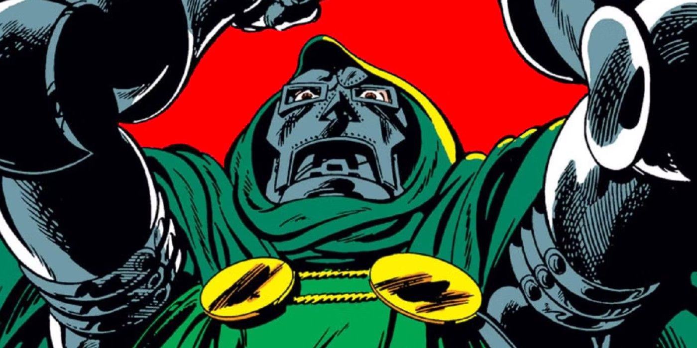 Comic book art: Doctor Doom looks angry and overwhelmed.