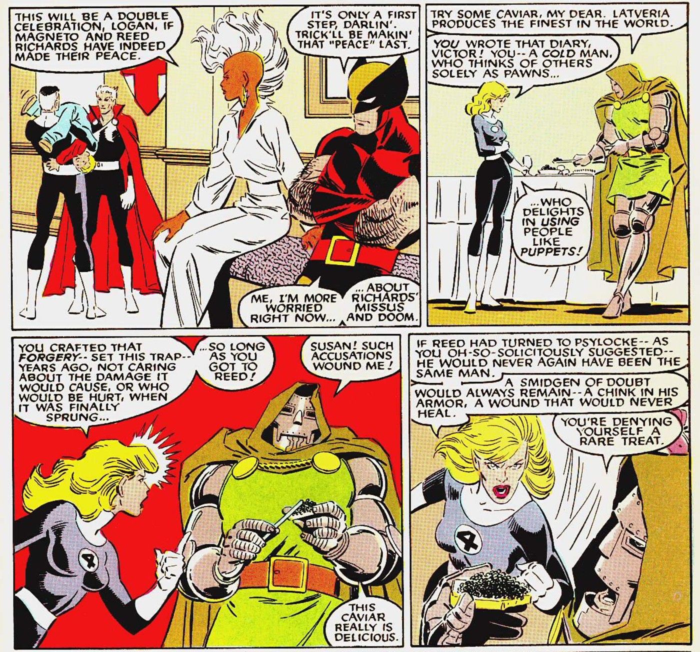 Painéis de quadrinhos: Sue Storm grita com Doctor Doom enquanto ele come caviar.