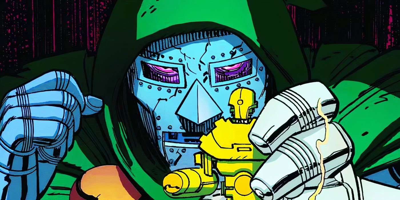 Comic book art: Doctor Doom with Doombot chess pieces in Marvel Comics' Doomwar