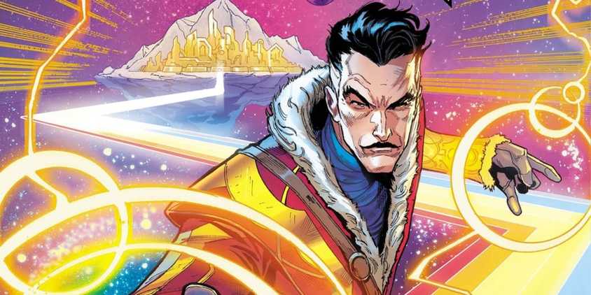 Comic book art: Doctor Strange Standing in Front of Asgard in Doctor Strange of Asgard