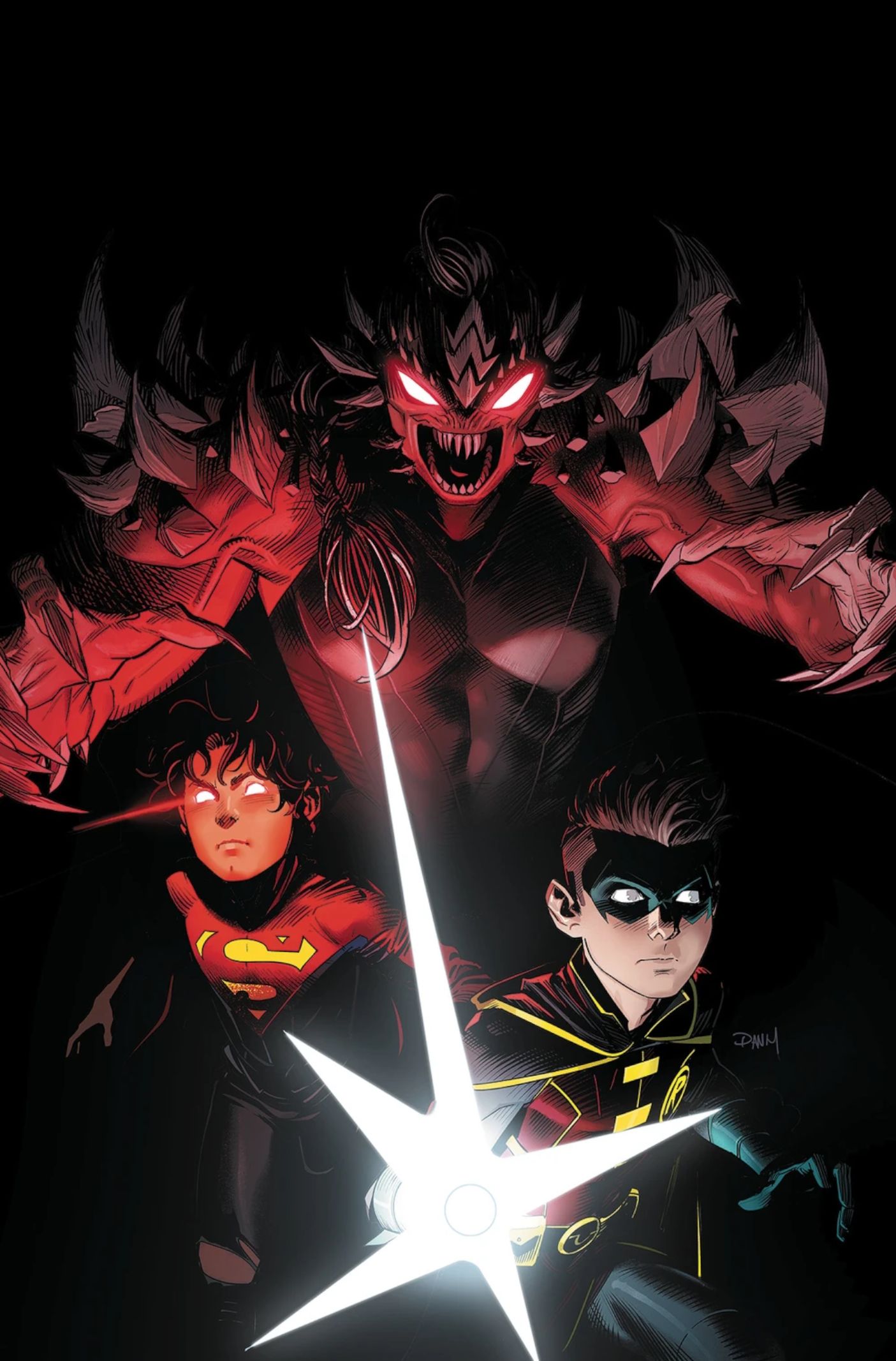 Portada del cómic: Doomsdam se acerca sigilosamente a Robin y Superboy