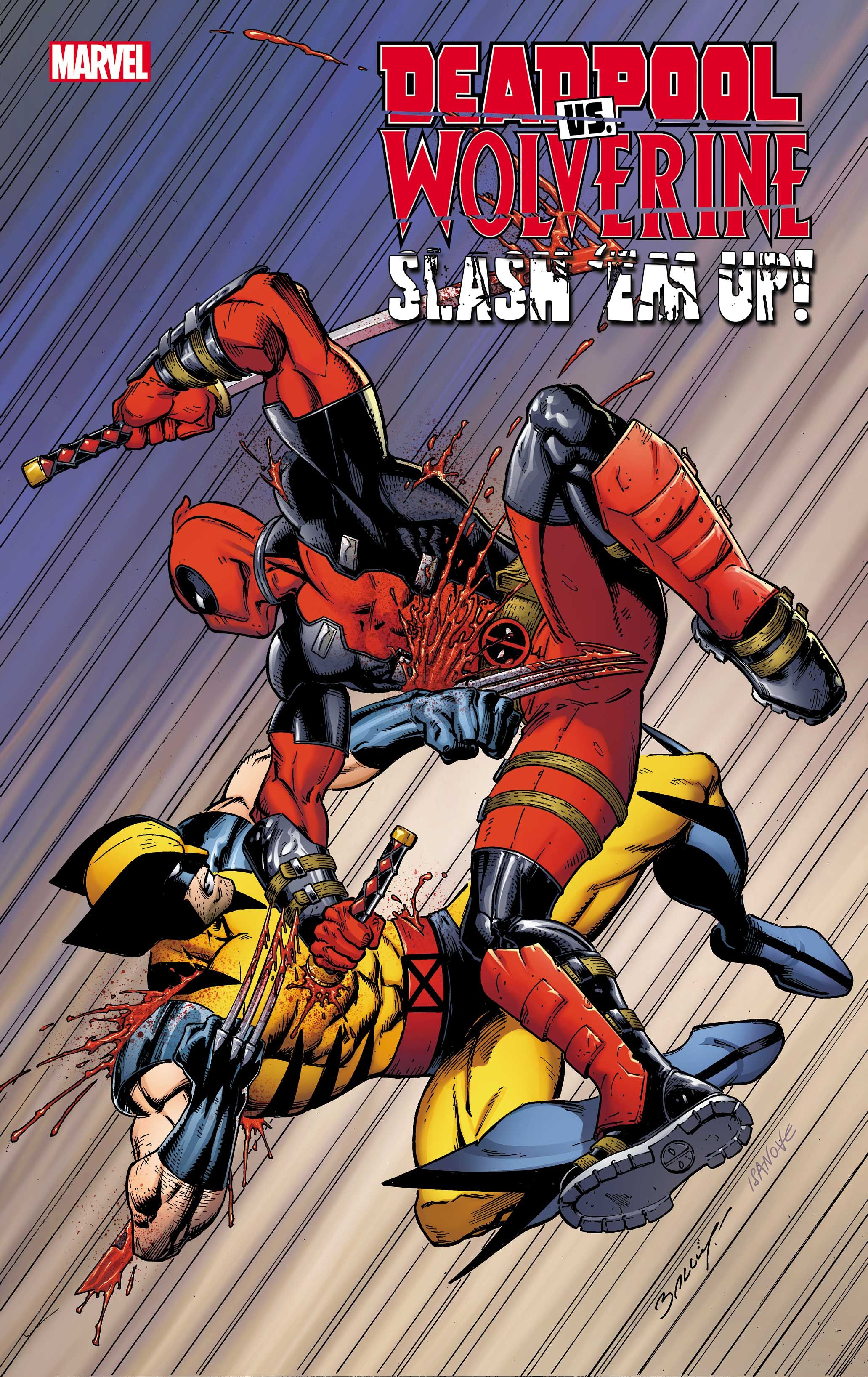 Comic book cover: Deadpool and Wolverine slash each other in mid air.