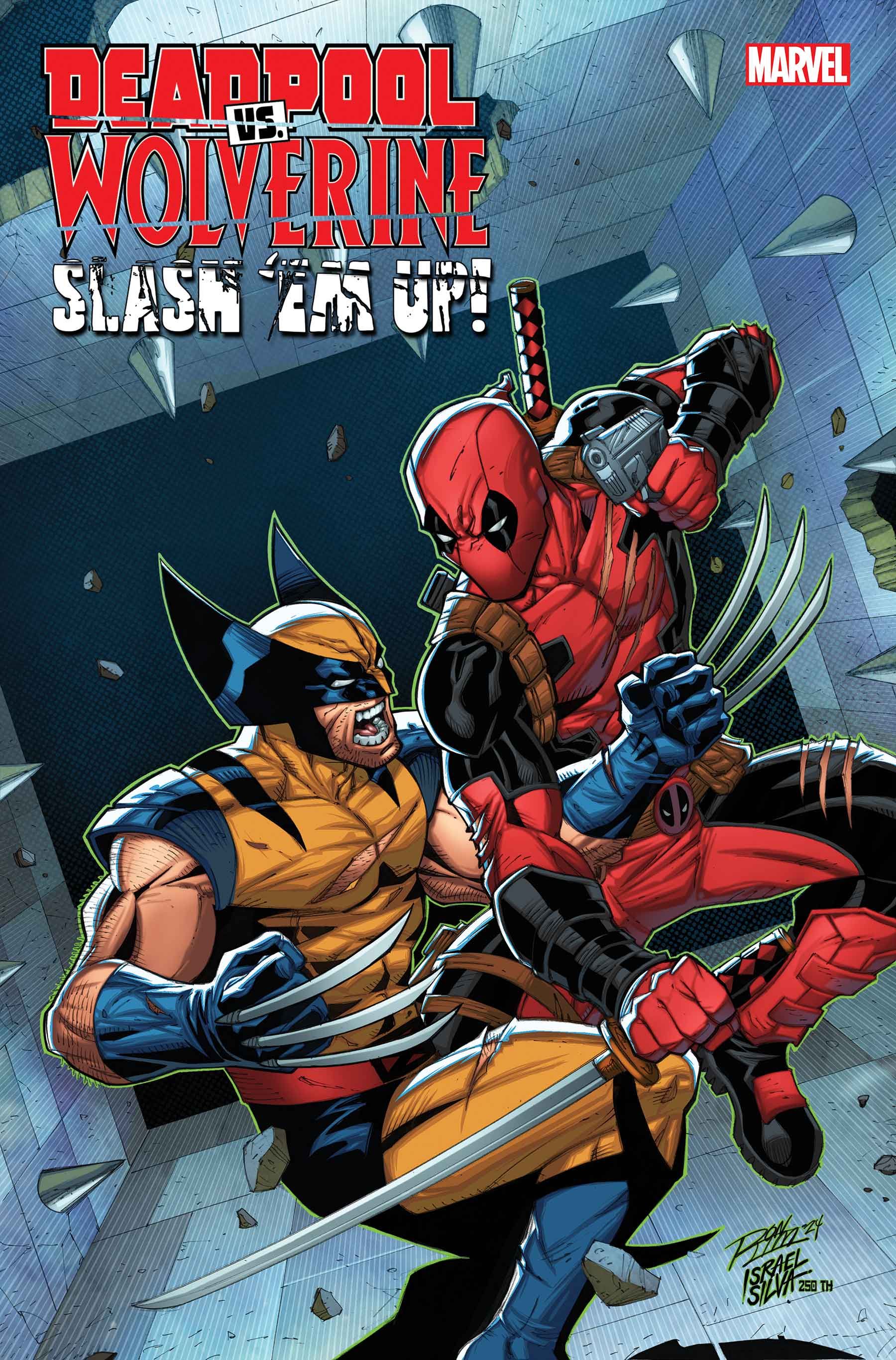 Comic book cover: Wolverine and Deadpool fight in an enclosed space.