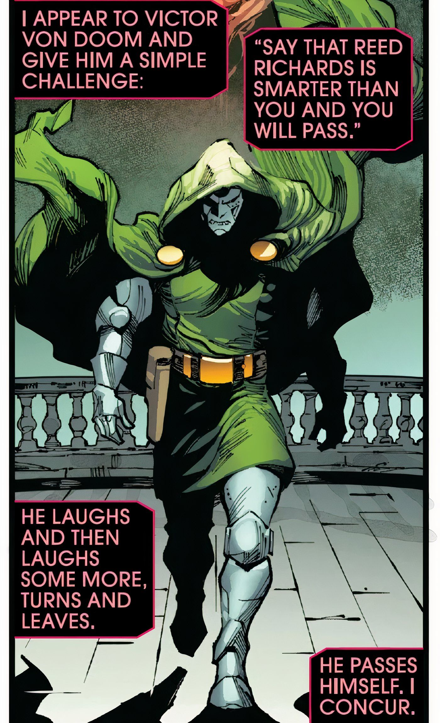 Comic book panel: Dr. Doom judged by The Progenitor in A.X.E. Judgement Day #4