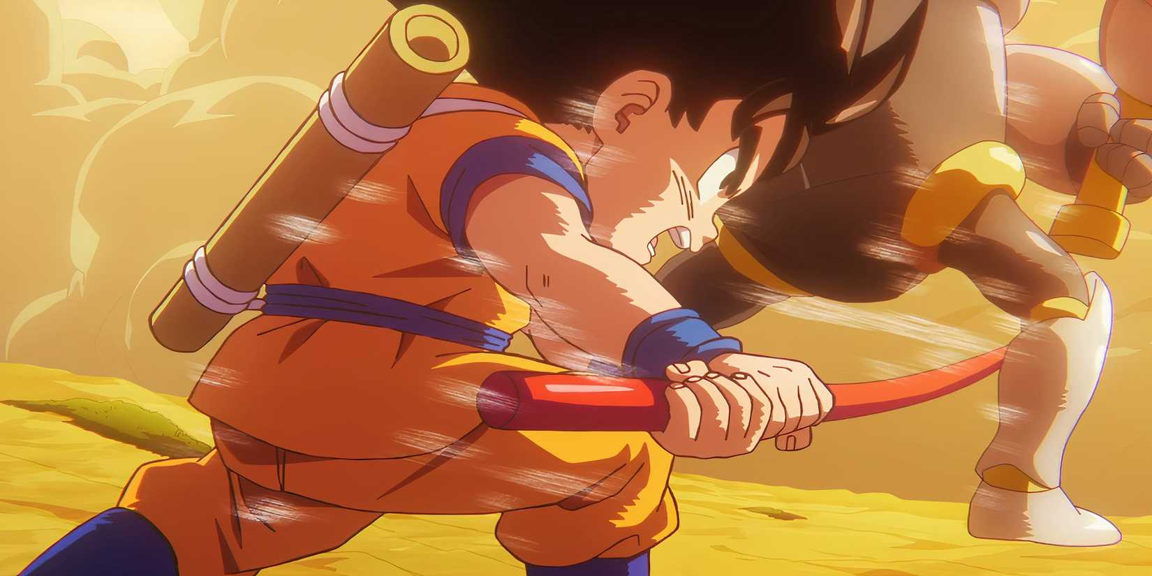 Goku attacks Tamagami Number Three with the Power Pole