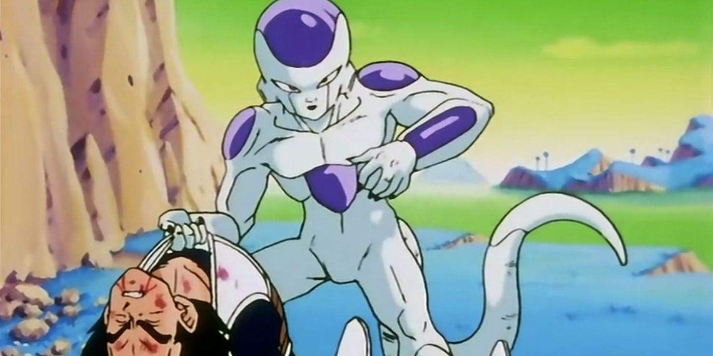 Frieza looks up while beating down Vegeta on Namek.