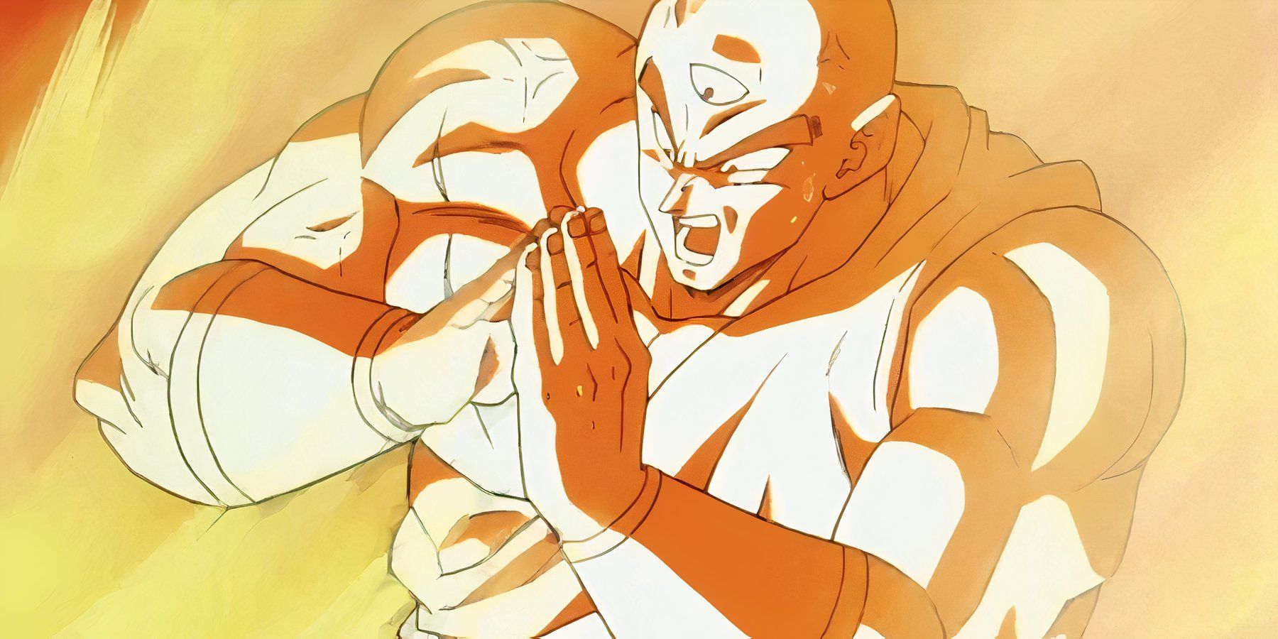 Tien firing the Neo Tri-Beam against Cell in Dragon Ball Z.