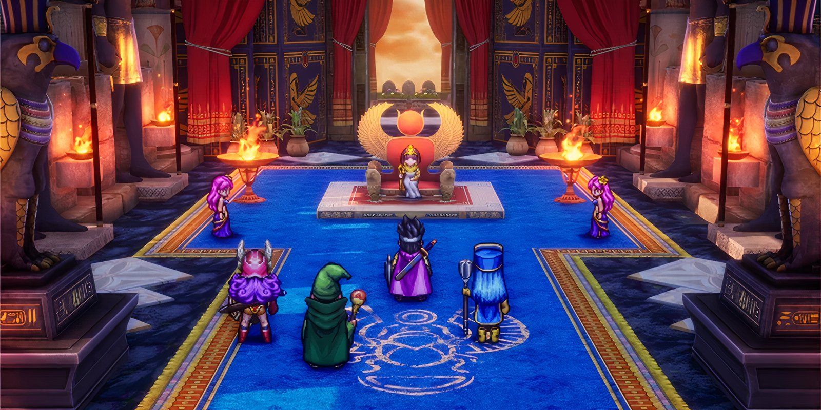 The hero and his party stand in a throne room in Dragon Quest 3 HD-2D Remake