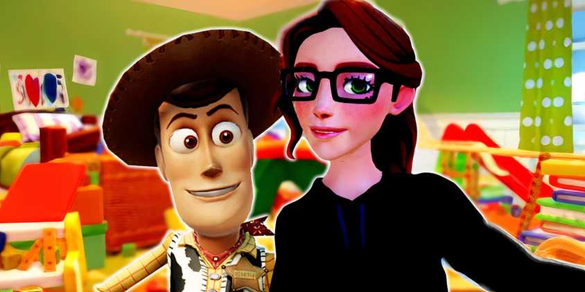 Dreamlight Valley character posing with Woody in Toy Story realm