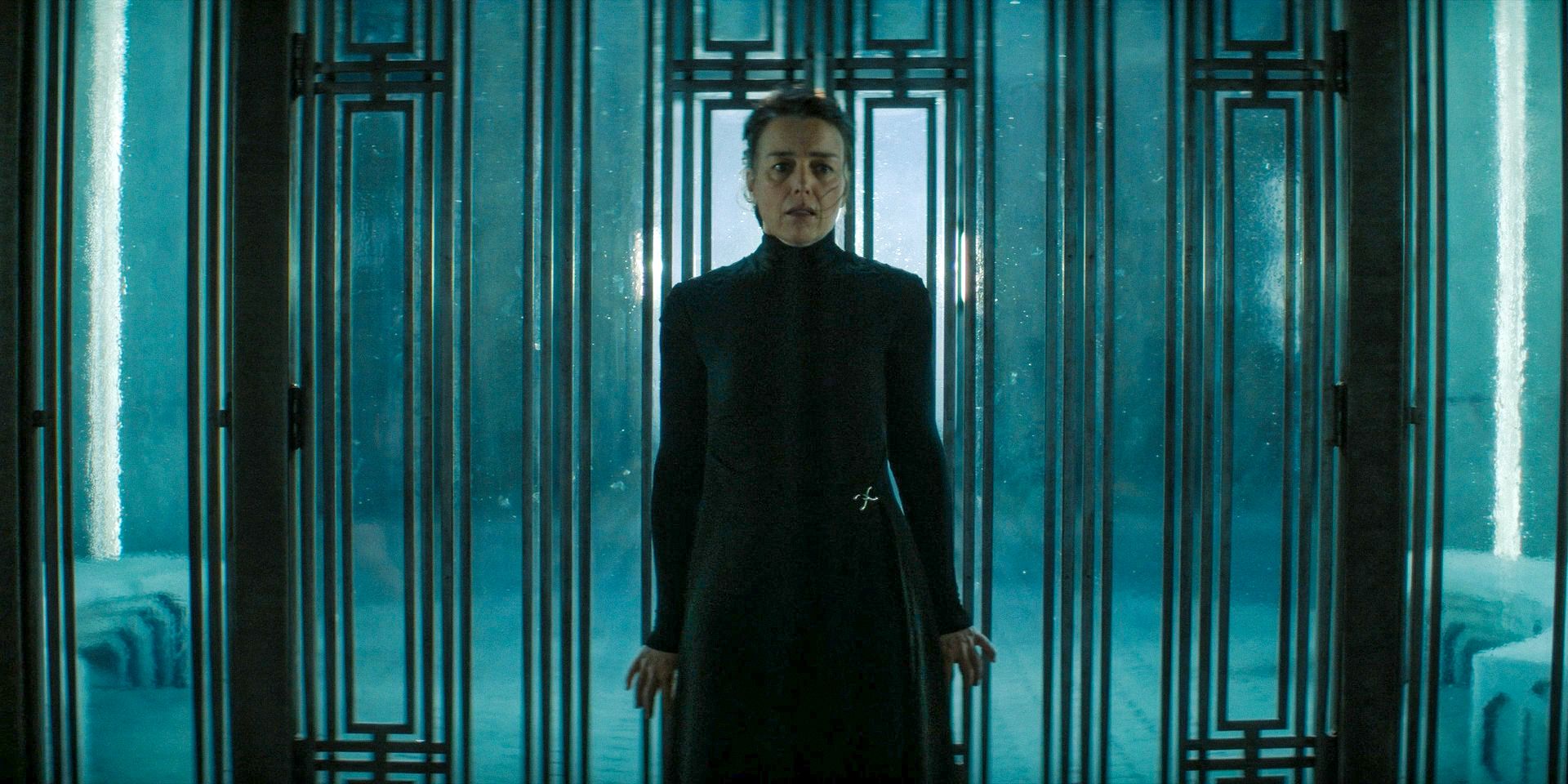 Tula (Olivia Williams) looking shocked and scared by the drawings of the acolytes in Dune: Prophecy Season 1 Ep 4