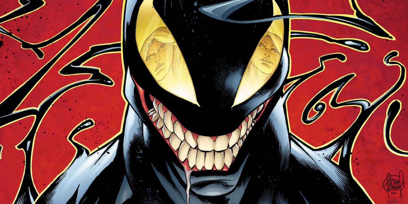 All-New Venom #3, Venom close-up with grin and Dylan Brock reflected in gold eyes