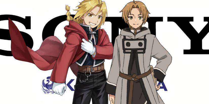 Edward Elric and Rudeus Greyrat in fron of the SONY and Kadokawa logo