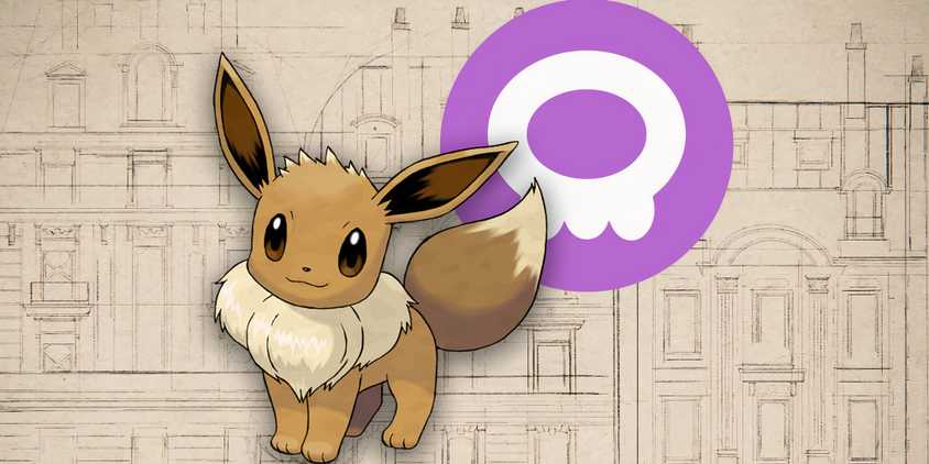 Eevee in front of the Poison-type symbol and Lumiose City blueprints.
