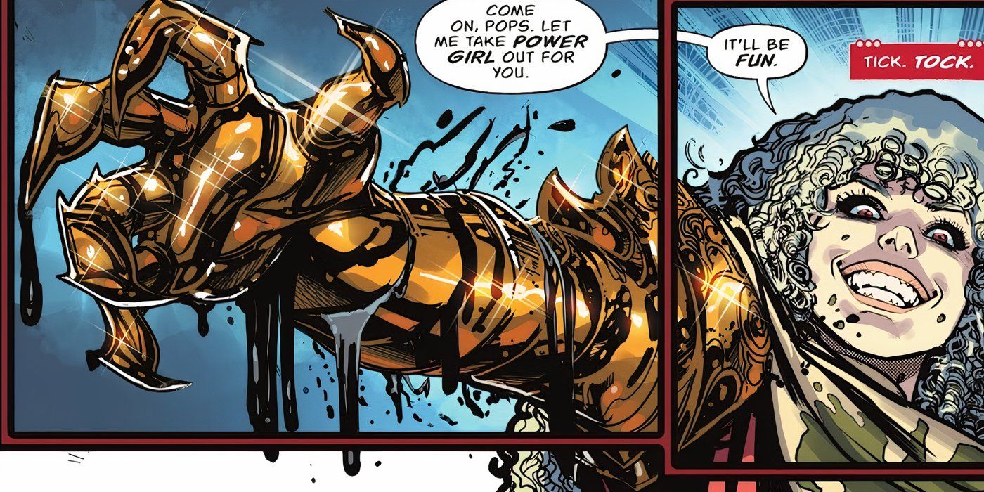 Comic book panel: Ejecta wants to fight Power Girl on Symbio&rsquo;s behalf