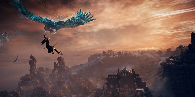 The player gliding across ruins on a glowing blue bird in Elden Ring Nightreign.