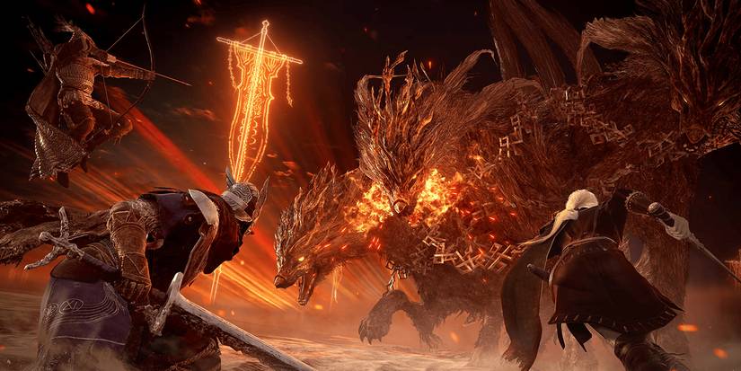 Players in Elden Ring Nightreign charge into battle against a multi-headed dragon.