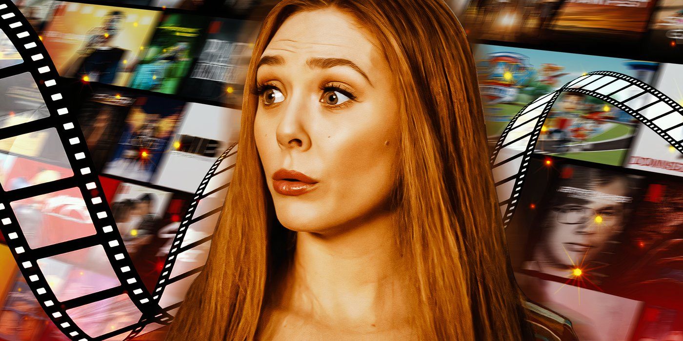 Elizabeth Olsen looking shocked as Wanda Maximoff from WandaVision with TV shows and movie reels behind her