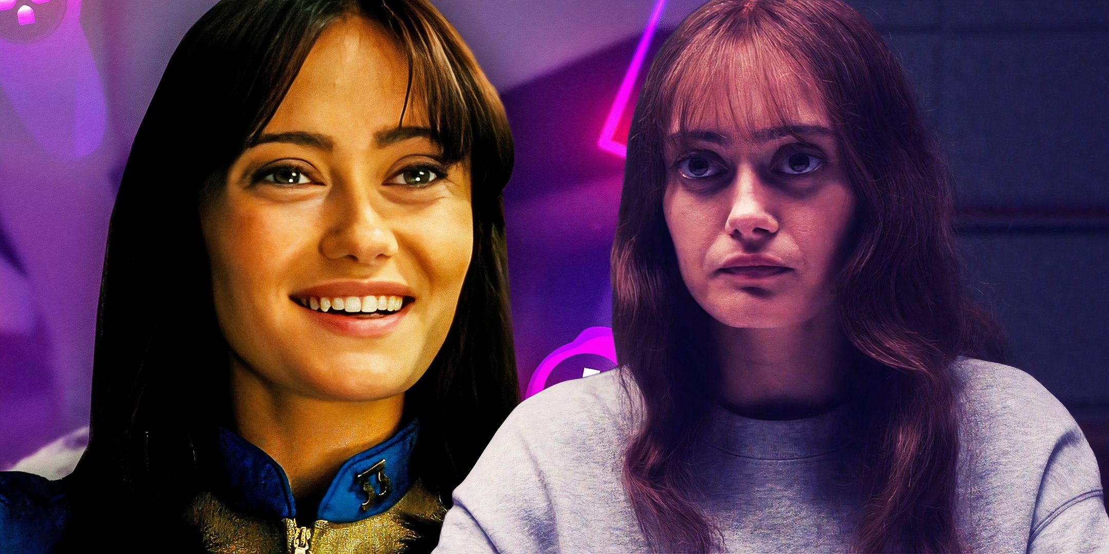 Ella Purnell as Lucy in Fallout smiling and Rhiannon Lewis in Sweetpea looking serious