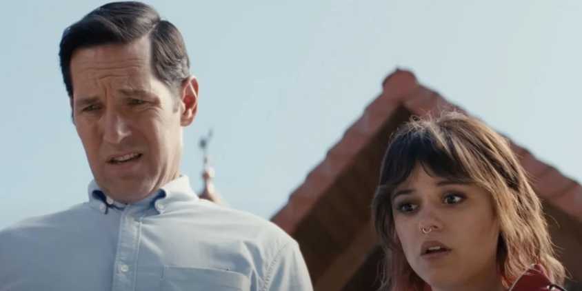 Elliot (Paul Rudd) and Riley (Jenna Ortega) looking disgusted at something in Death of a Unicorn.