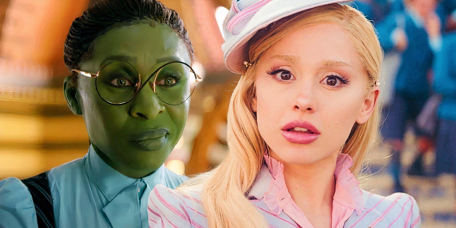 Cynthia Erivo as Elphaba and Ariana Grande as Glinda in Wicked looking confused