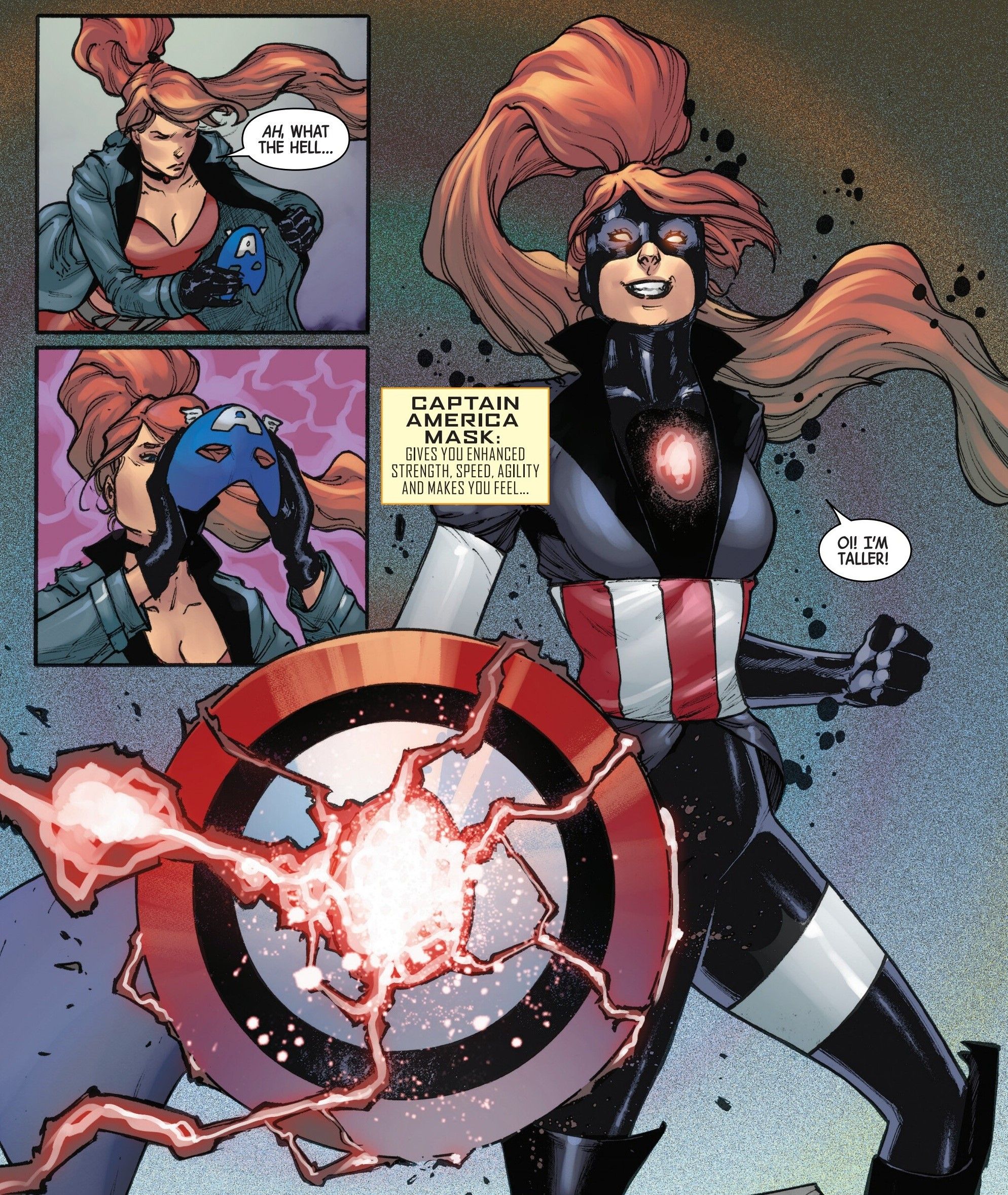 Comic panels: Elsa Bloodstone wearing Captain America's mask.