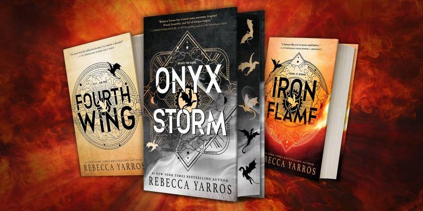 Fourth Wing, Iron Flame, and Onyx Storm book covers