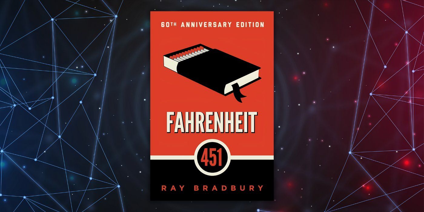 Farenheit 451, de Ray Bradbury, capa do livro sobre fundo futurista