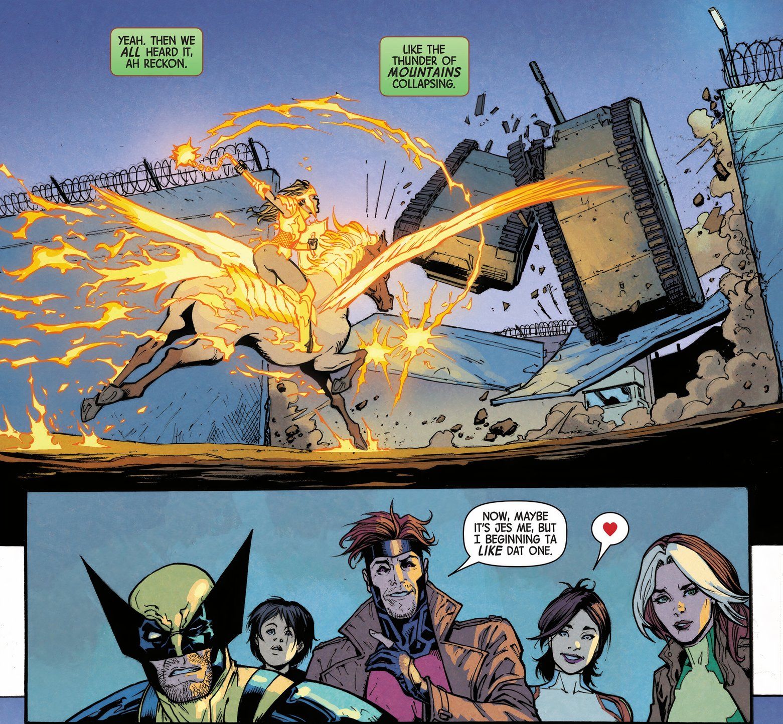 Rogue, Wolverine, and Gambit watch as Calico and Ember knock down two tanks and a wall.