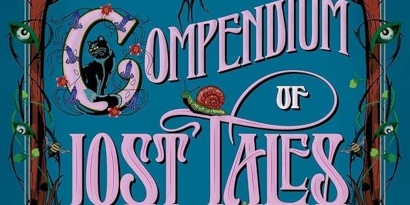 Emily Wilde's Compendium of Lost Tales cover featuring a blue background, the title text in light purple, a cat, and a snail