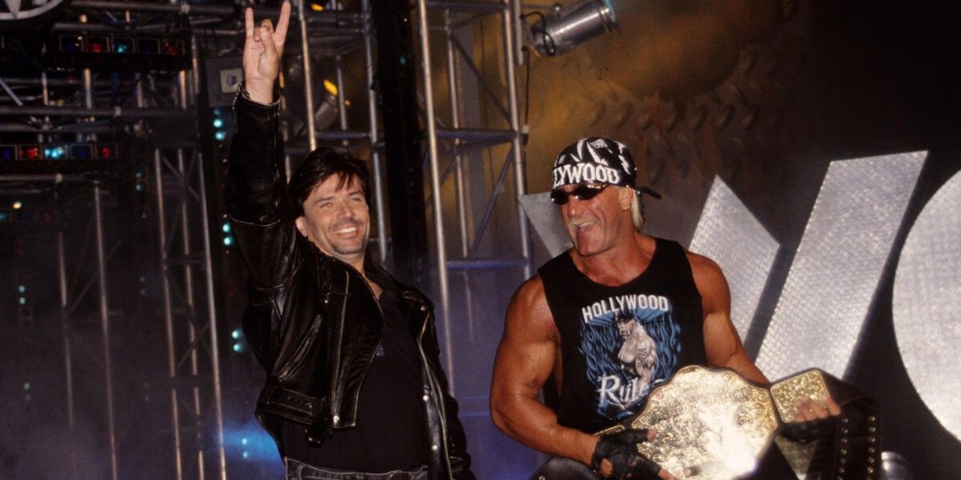 Eric Bischoff and Hollywood Hulk Hogan of the nWo pose at the WCW Monday Nitro ramp with the World Heavyweight Championship