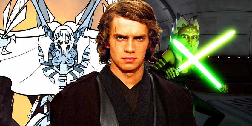 General Grievous in the Star Wars: Clone Wars 2D Micro-Series, Anakin Skywalker in Star Wars: Episode III - Revenge of the Sith, and Ahsoka Tano in Star Wars: The Clone Wars season 5.