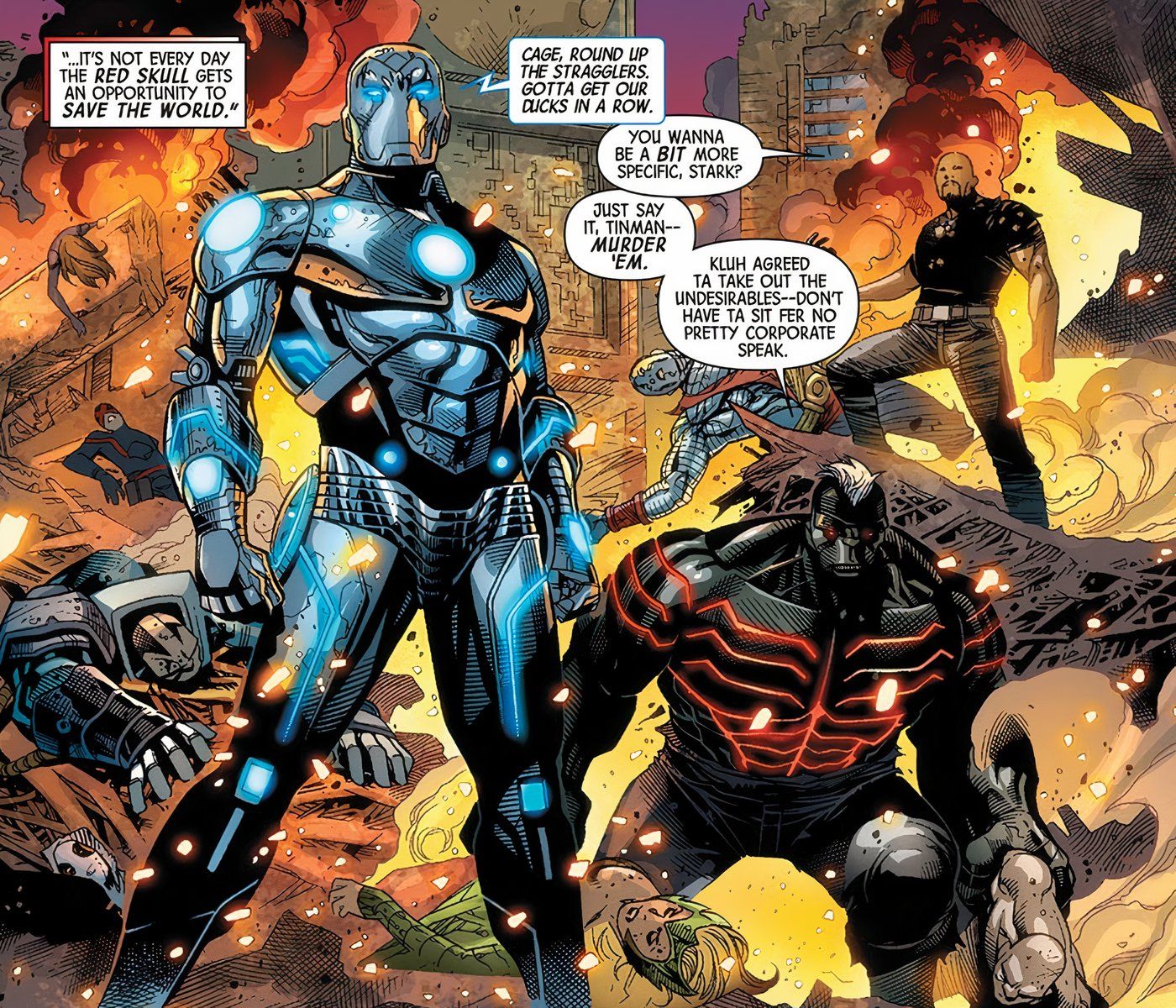 Superior Iron Man and his evil Avengers standing over the defeated X-Men.