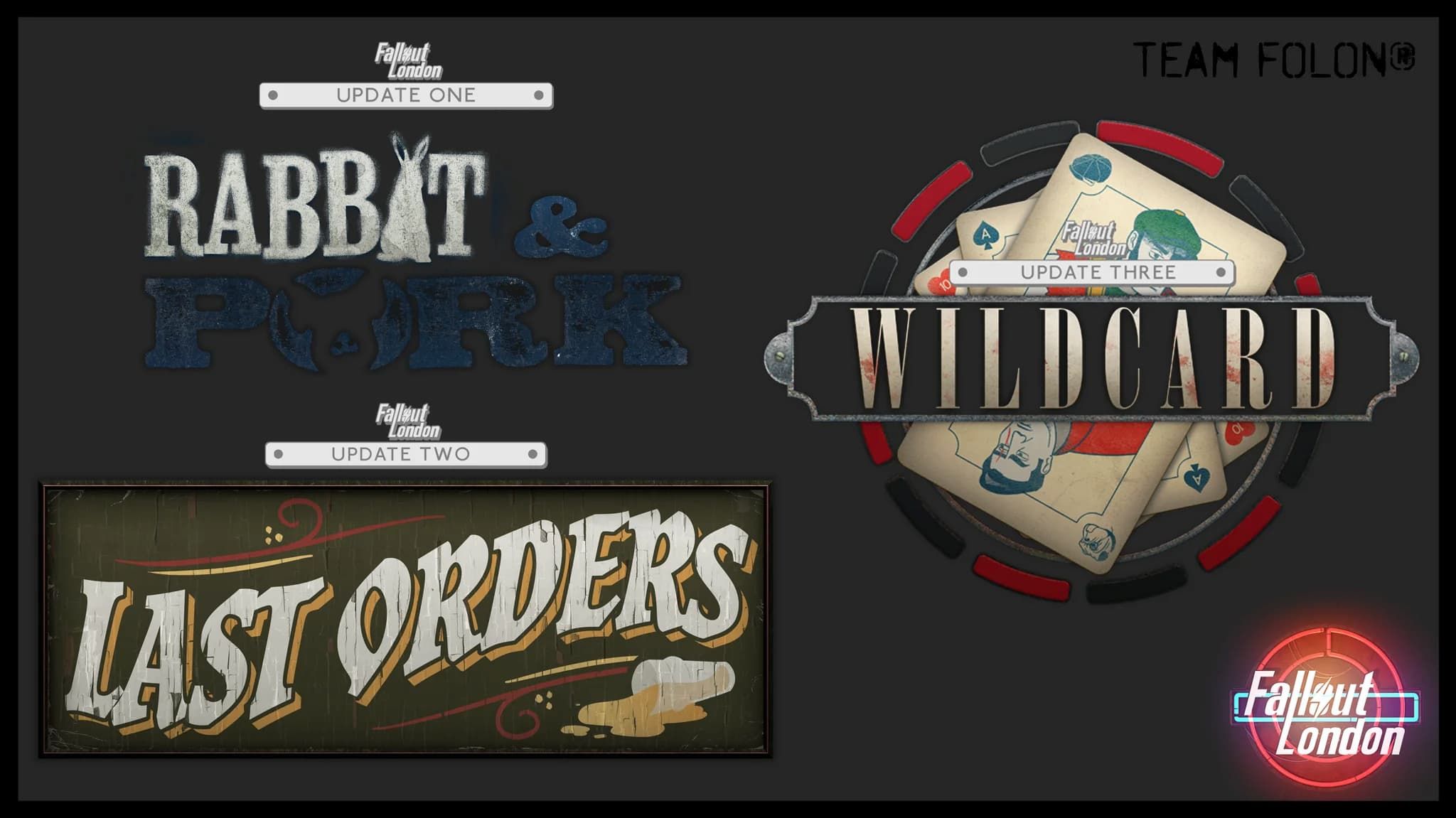 fallout london DLC announcement showing all three DLCs, Wildcard, Last Orders and Rabbit and Pork 