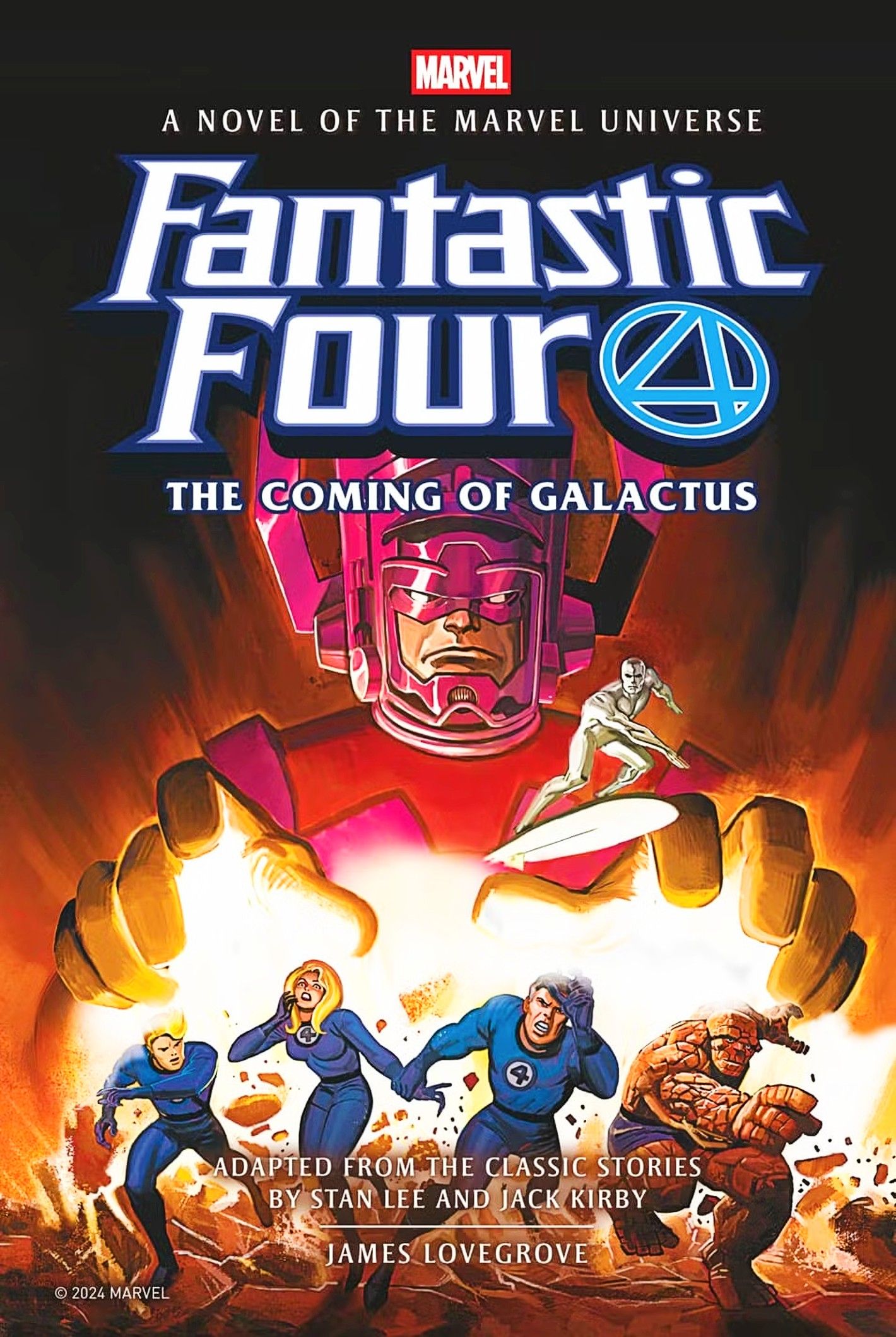 Quarteto Fantástico, capa do romance A Vinda de Galactus, com os Quatro fugindo do Devorador de Mundos