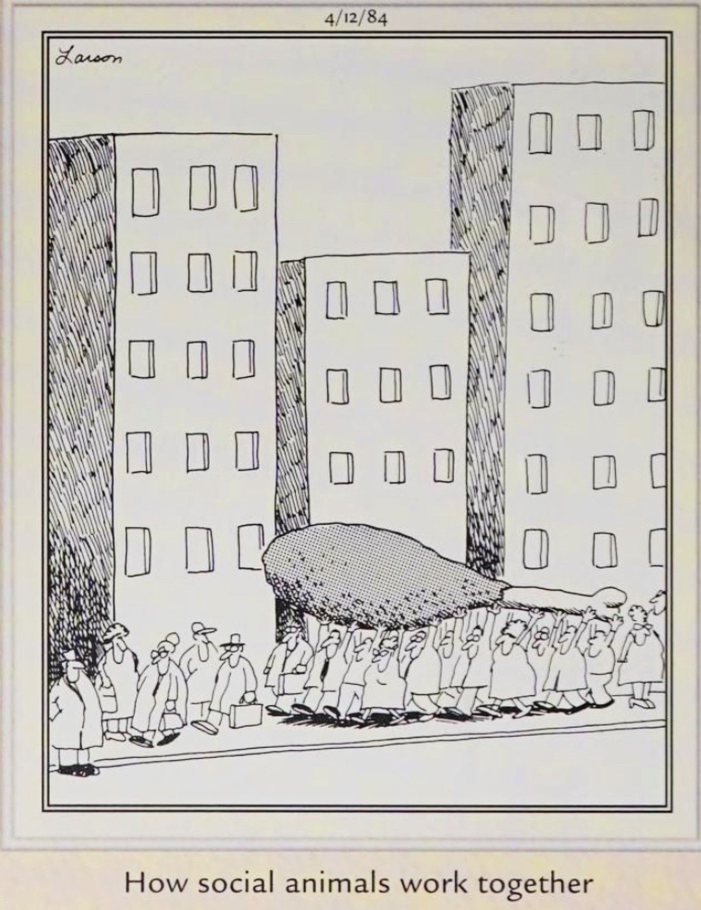 Far Side, April 12, 1984, humans carry a giant turkey leg down a city street like ants