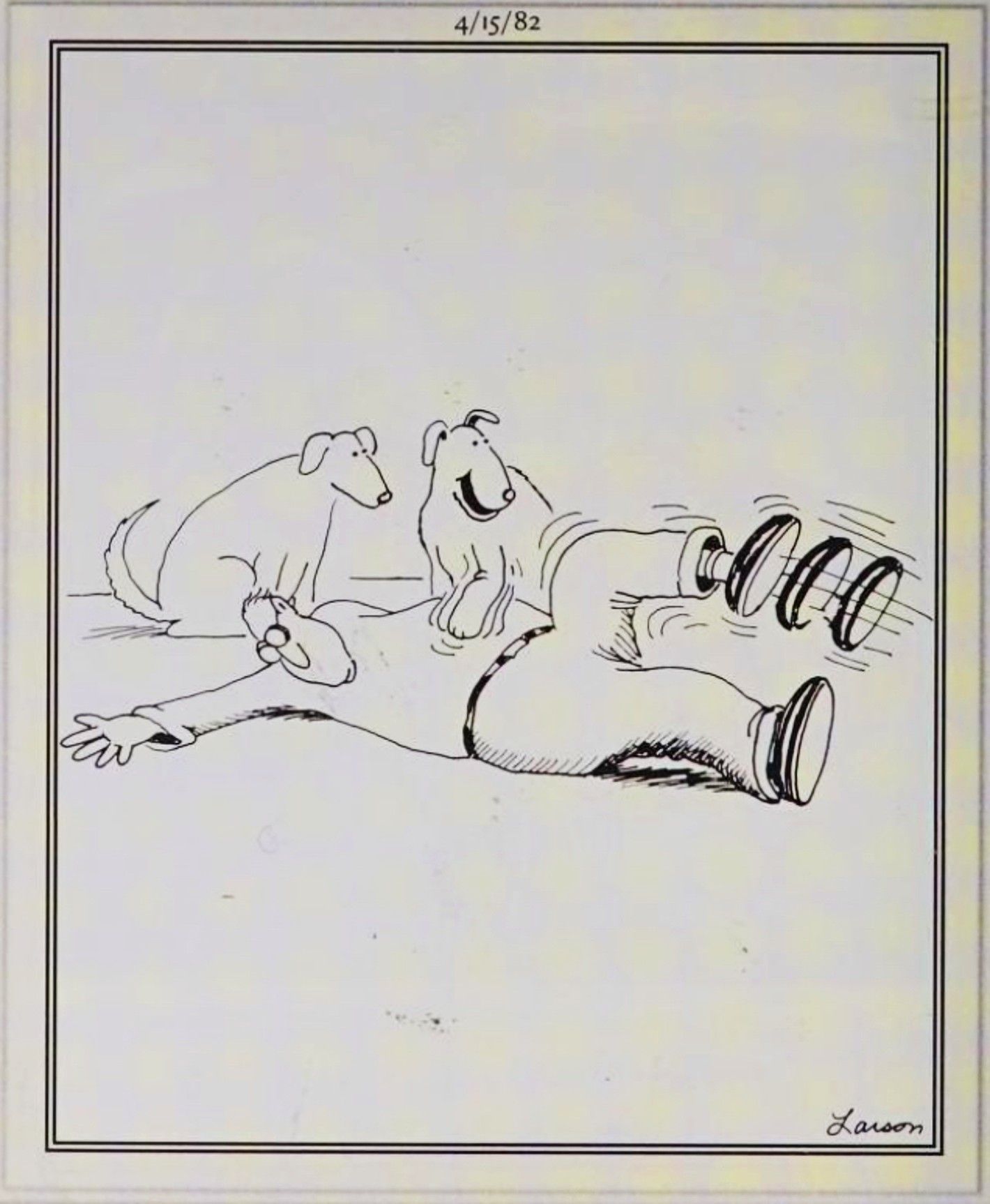 Far Side, 15 de abril de 1982, cães coçam a barriga de um humano, fazendo sua perna chutar