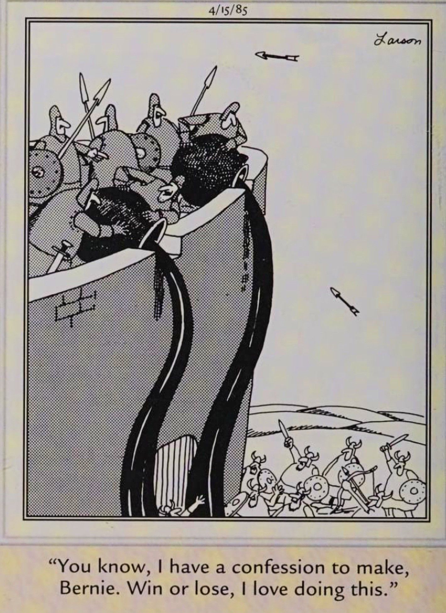 Far Side, April 15, 1985, a soldier in a medieval battle admits he's in it for the love of the game