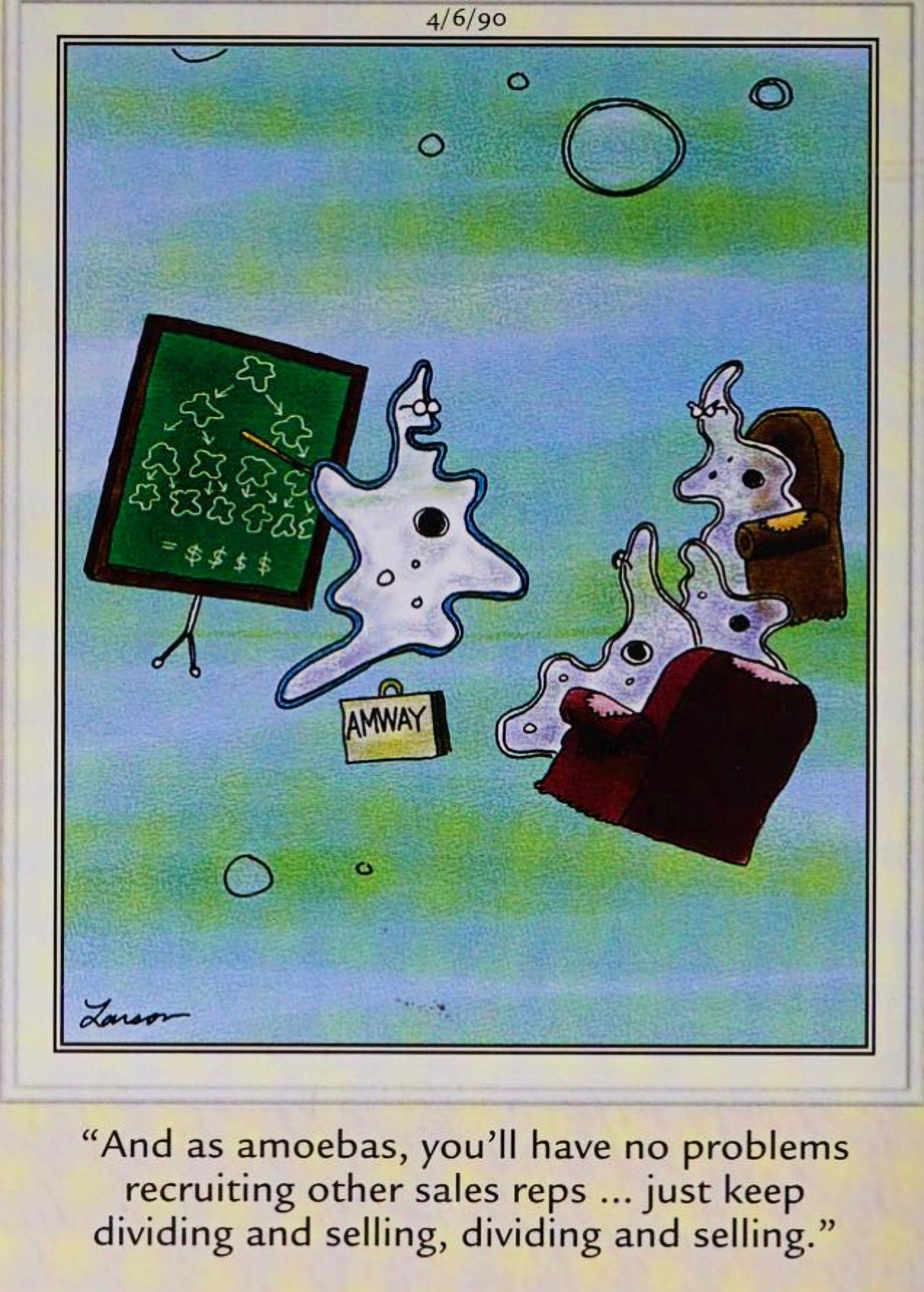 Far Side, April 6, 1990, amoebas learn about selling Amway products