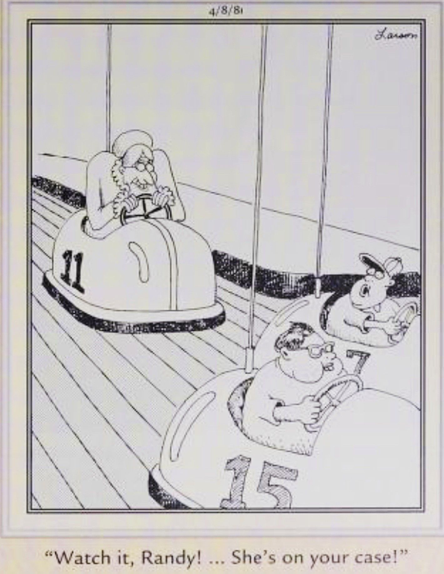 Far Side, 8 de abril de 1981, uma velha em um carrinho de bate-bate atrás de duas crianças mais novas