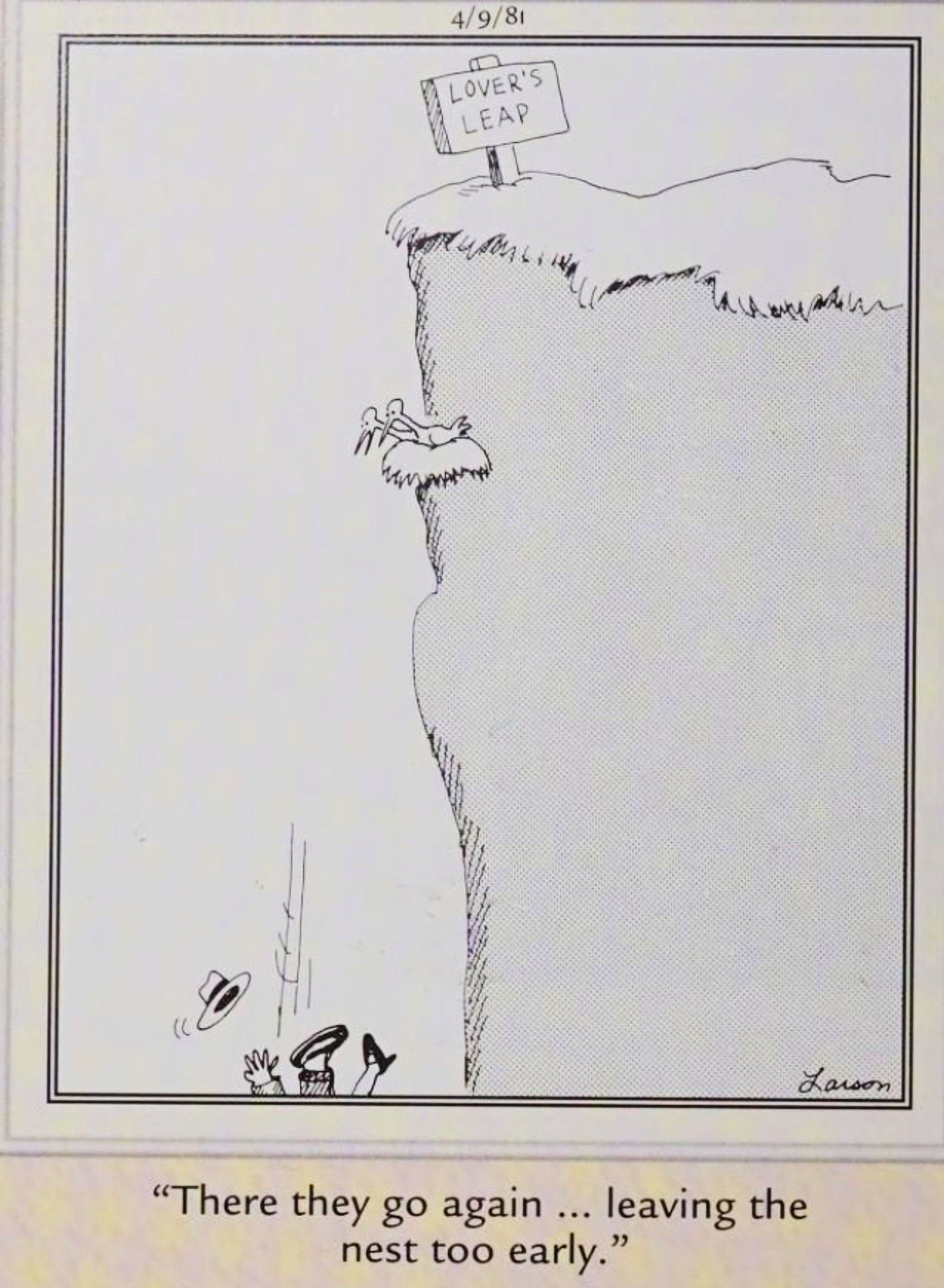 Far Side, April 9, 1981, a man passes a bird's nest on a steep cliff, with a sign that says "lover's leap."